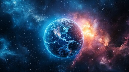 Fototapeta premium Earth with Network Connections Surrounded by Stars and Nebulae