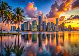 Obraz premium Stunning Miami Skyline at Sunset - Urban Landscape, Cityscape, and Nightlife Photography