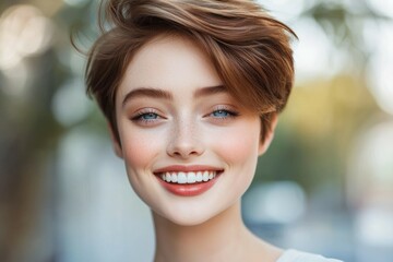 Fototapeta premium Close-up portrait of a woman. Background with selective focus and copy space for text