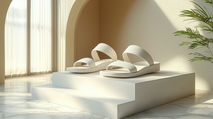 The image features a pair of elegant white sandals displayed on a minimal pedestal in a bright, airy room. Perfect for modern footwear styling.