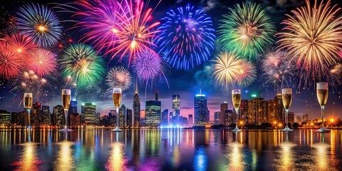 Fototapeta premium Stunning Night Photography of a New Year's Celebration with Fireworks and City Lights