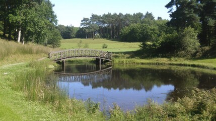 Obraz premium Wooden Bridge Over a Calm Pond in a Lush Forest Setting