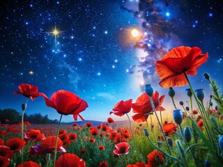Obraz premium Stunning Night Photography of Red Poppies Under a Starry Blue Sky