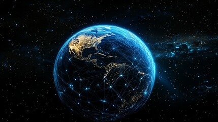 Fototapeta premium A Blue Earth Globe With A Network Of Lines Connecting Cities And Countries In Space With Stars
