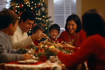 A family gathers joyfully around the dinner table to celebrate Christmas with festive food and laughter in a cozy home setting
