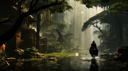 A lone cowboy rides through a mystical forest