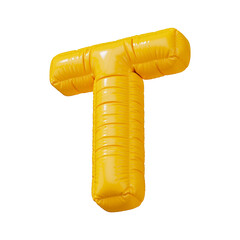 T. Yellow volumetric letter T with a glossy texture. Letter in the form of a balloon isolated on a transparent background. PNG 3D render. Letter of the Latin alphabet.