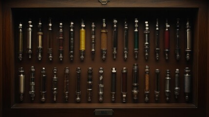 Fototapeta premium Collection of Vintage Metal Tubes in a Wooden Case