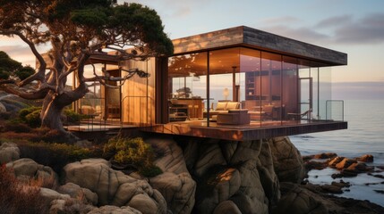 Modern Glass House on a Cliff Overlooking the Ocean