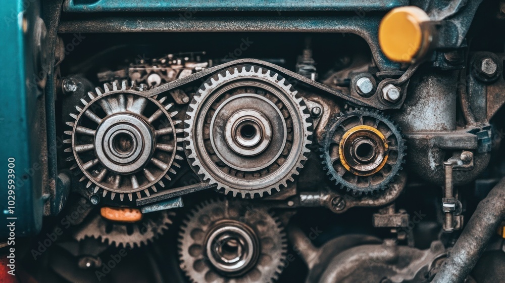 Poster close-up of a machine's geared system with a belt