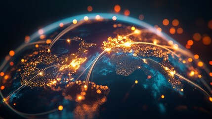 Digital representation of Earth with vibrant blue and orange connections, illustrating global networking and technological advancement.