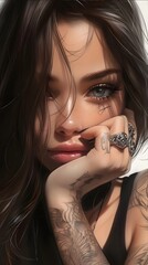 Obraz premium beautiful woman s face see from front action pose , tattoo design, hyperrealistic, impact art, white background