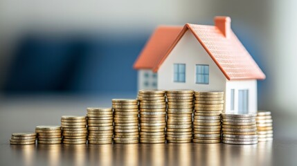 A model house sits atop a stack of golden coins, symbolizing wealth, investment, and real estate.