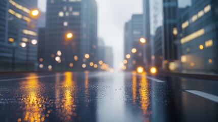 Obraz premium A city street with a wet road and lights in the background