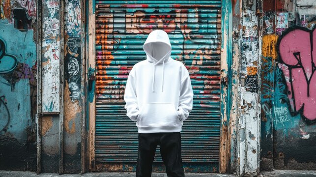 A person of Asian descent in a white hoodie stands against a graffiti-covered wall, exuding urban style and reflecting street culture.