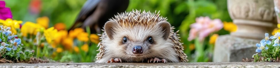 Hedgehog exploring a vibrant garden filled with colorful flowers and lush greenery, AI