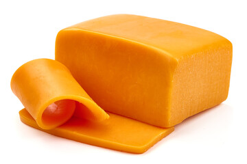 Block of cheddar cheese with slices, isolated on white background.