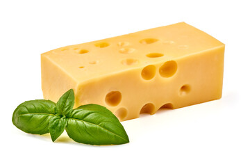 Block of Swiss cheese with holes, isolated on white background.