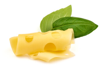 Block of Swiss cheese with holes, isolated on white background.