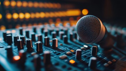 A close-up of a microphone on a sound mixing console with illuminated controls.