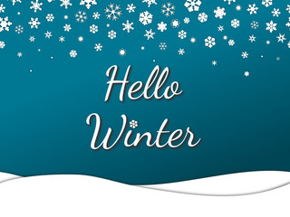 hello winter template. minimalistic card with snowflakes randomly fall from above and snowdrifts below on blue background. simple cute vector illustration. for backdrop, greeting, invitation, poster