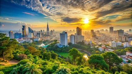 Obraz premium Stunning Saigon Summer Panorama with Bokeh Effect - Captivating Cityscape Views from the Hilltop