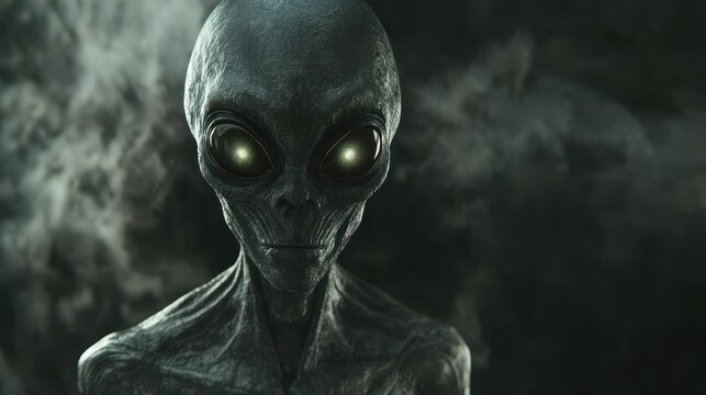 A close-up of a mysterious alien figure with glowing eyes in a dark, smoky background.