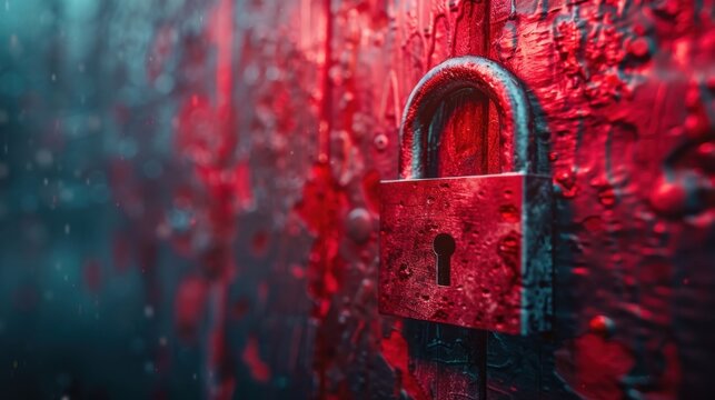 A close-up of a rusted padlock on a textured red wall, evoking a sense of mystery.