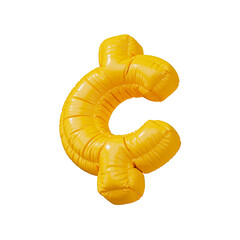 Cent sign in the shape of a balloon, isolated on a transparent background. An inflatable balloon of bright yellow color with a glossy texture.