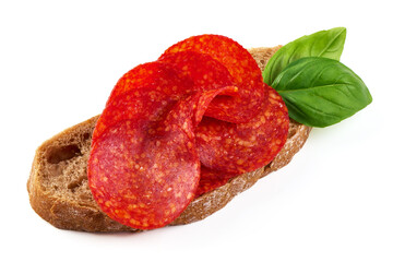 Chorizo sausage sandwich, close-up, isolated on white background.