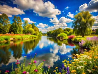 Fototapeta premium Stunning Summer Riverbank Reflection in Tilt-Shift Photography
