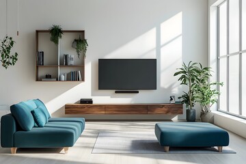 Modern Living Room with Teal Sofa,  Floating Shelves and Large Window