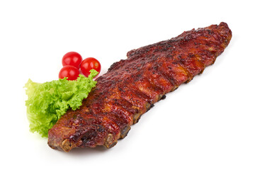 Grilled pork ribs with barbecue sauce, lettuce, and cherry tomatoes, isolated on white background.