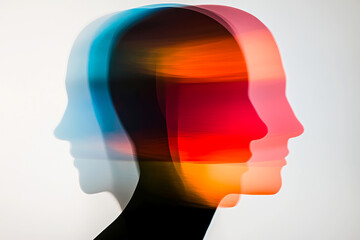 Overlapping human profiles in vivid blue, orange and red with motion blur. Abstract representation of emotional complexity, duality and mental states