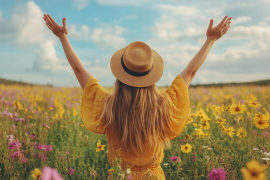 Woman in a yellow dress with arms raised. This photo showcases a woman embracing the beauty of nature, symbolizing joy, freedom, and a sense of peace.