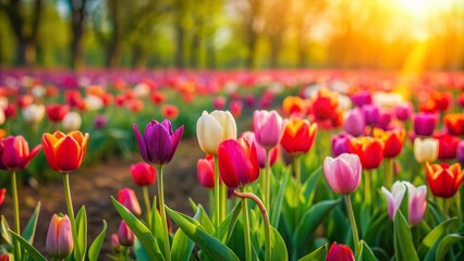 Obraz premium Stunning Tilt-Shift Tulip Field Beauty with Green Leaves for Agriculture and Decoration Design