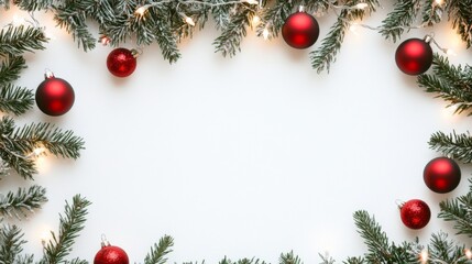 Festive arrangement of red Christmas ornaments and evergreen branches with soft glowing lights, creating a cheerful holiday atmosphere. copy space