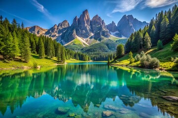 Fototapeta premium Stunning Turquoise Lake in Italian Dolomites with Pale di San Martino Mountain Background - Scenic Landscape
