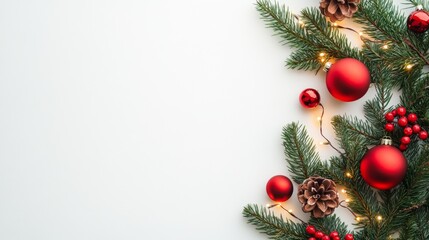 Fototapeta premium Festive arrangement of red Christmas ornaments and evergreen branches with soft glowing lights, creating a cheerful holiday atmosphere. copy space