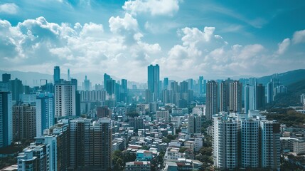 An Aerial View of a Densely Populated City with Skyscrapers and Mountains in the Background