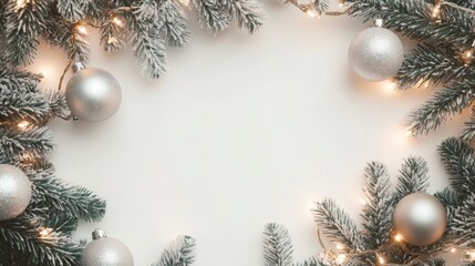 Festive frame of silver ornaments and green pine branches, ideal for holiday greetings or seasonal decorations.