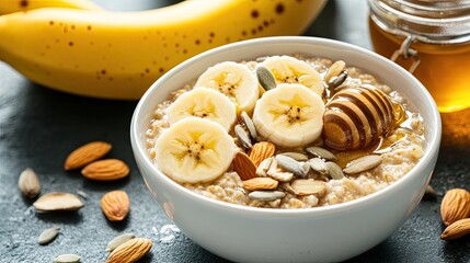 A bowl of oatmeal with banana, honey, and almonds. It&rsquo;s a healthy and delicious breakfast option for those who want a nutritious start to their day.