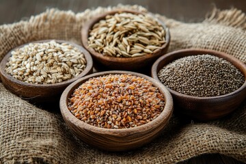 Various types of grain in bowls. Perfect for a healthy food, diet or nutrition concept.