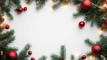 Festive arrangement of red Christmas ornaments and evergreen branches with soft glowing lights, creating a cheerful holiday atmosphere. copy space