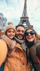 Family Taking Selfie at Famous Landmark. Capturing Travel Memories.