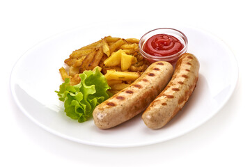 Grilled sausages with lettuce, isolated on white background.