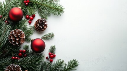 red Christmas ornaments and evergreen branches with soft glowing lights, creating a cheerful holiday atmosphere. copy space