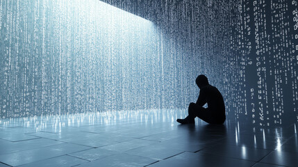 A lone figure sits beneath a digital rain of falling numbers in a dim, futuristic room. The glowing code streams from above, creating a sense of isolation, and connection to the digital world.