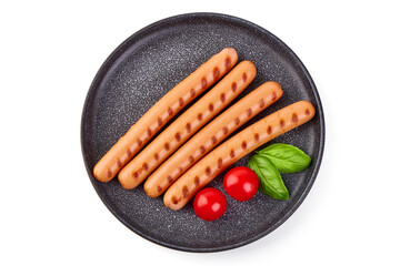 Grilled pork sausages, close-up, isolated on white background.