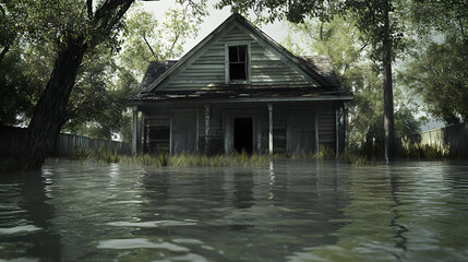 A house partially submerged in muddy floodwaters